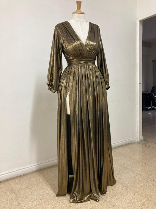 Women Plus Size Gold Metallic Fit & Flare Maxi Dress - Curvy Gyals